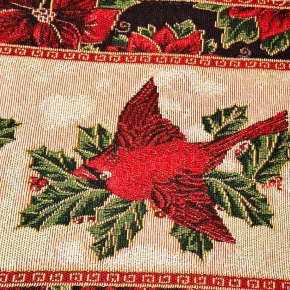 Christmas Cardinal Poinsettia Woven Tapestry Table Runner Holiday Decor 70x13